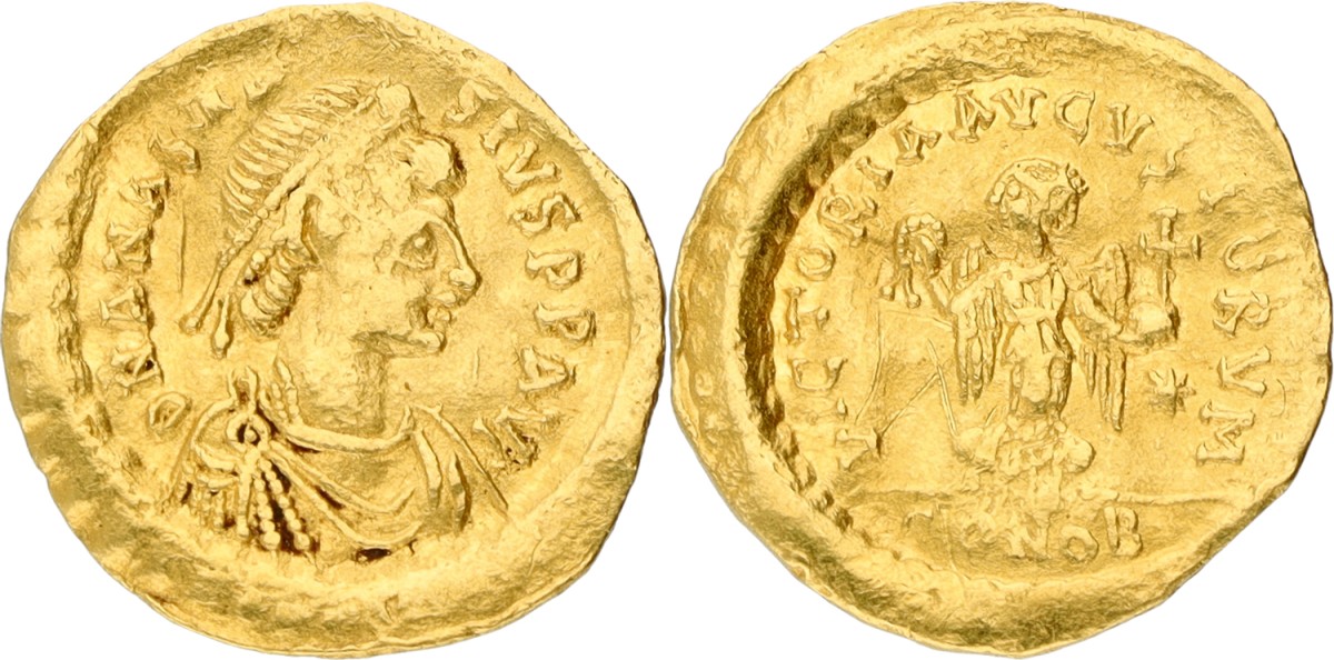 Goudwisselkantoor auction: Byzantine Empire. Constantinople. Anastasius I. Tremissis. ND (491 -518 AD). VF