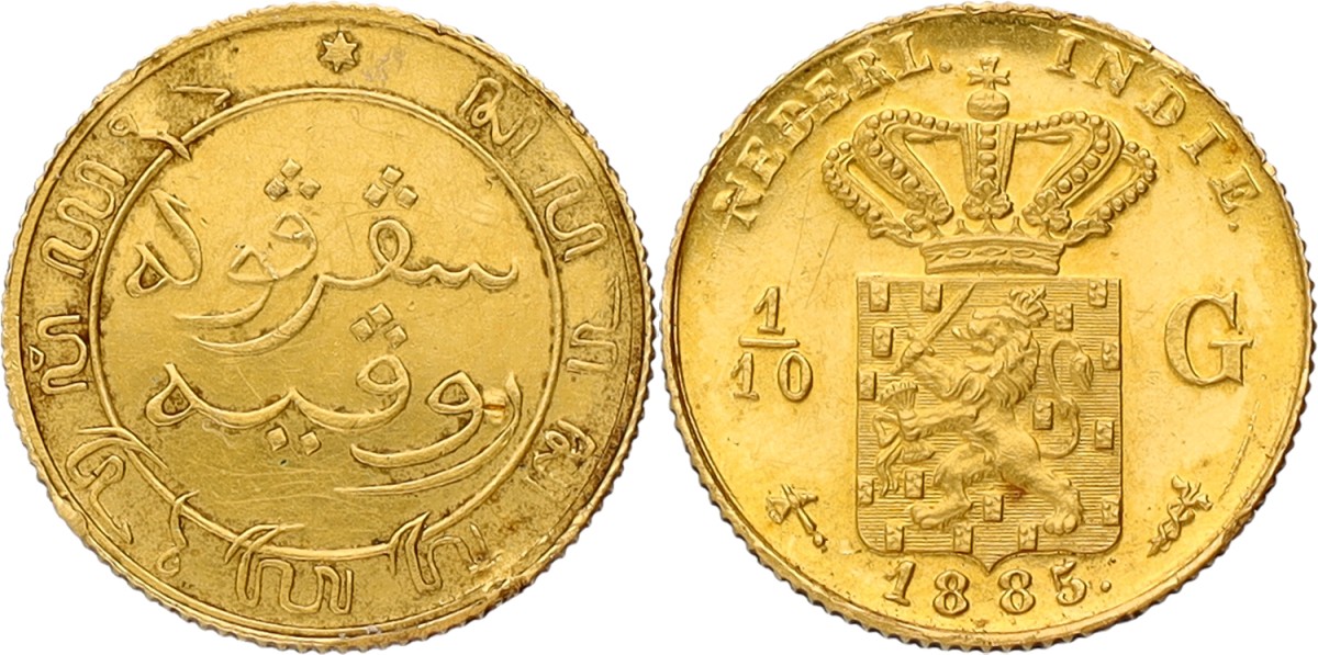 Goudwisselkantoor auction: 1/10 gulden. Afslag in goud. Nederlands-Indië. Willem III. 1885. UNC