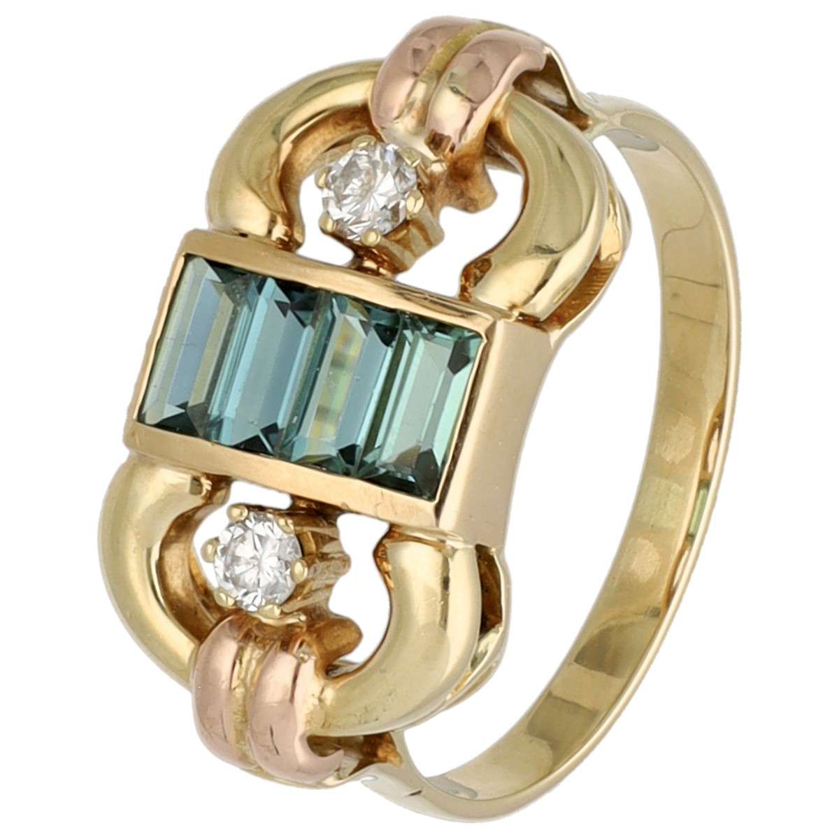 14K Geelgouden vintage ring bezet met toermalijn en diamant