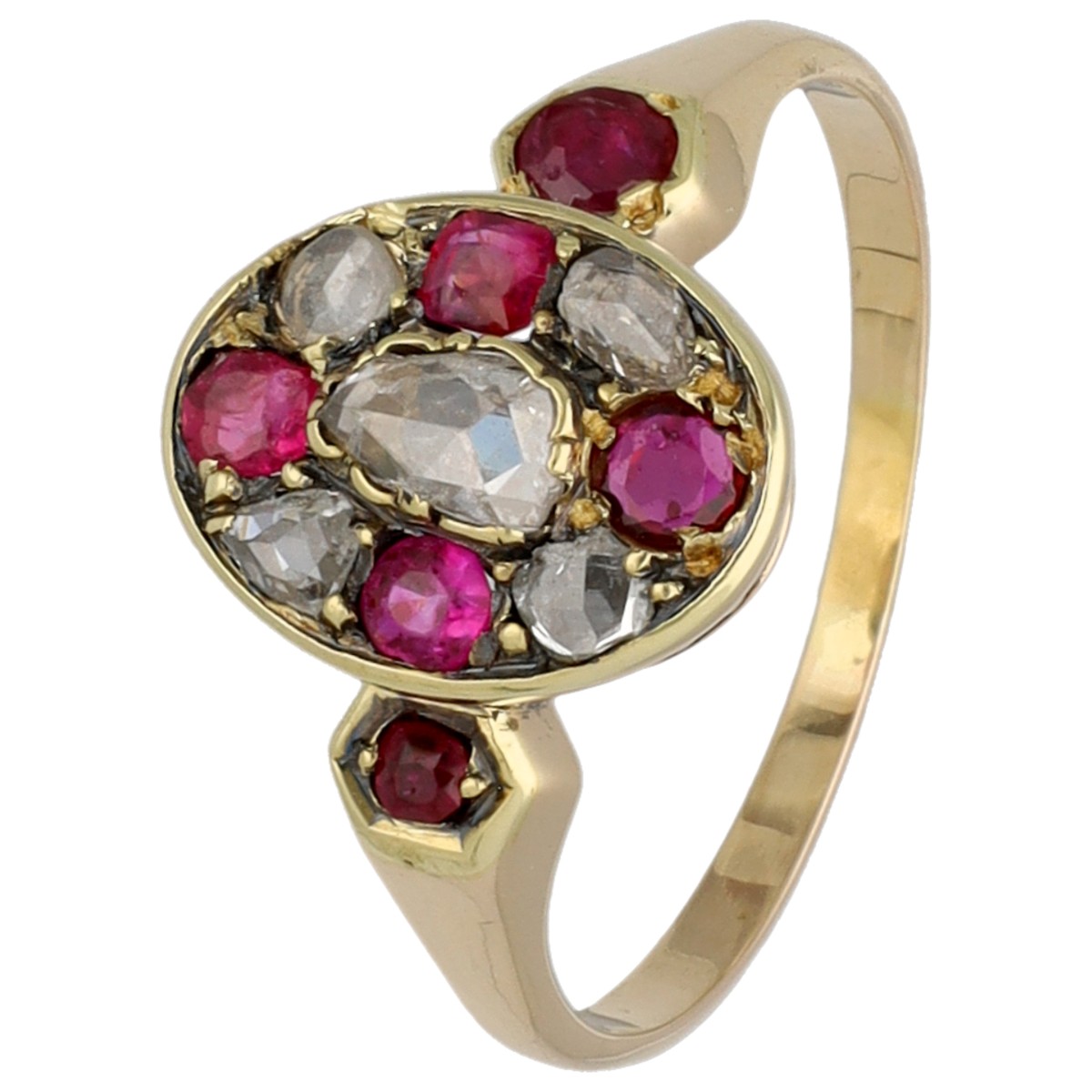 BWG Geelgouden vintage ring bezet met robijn en diamant