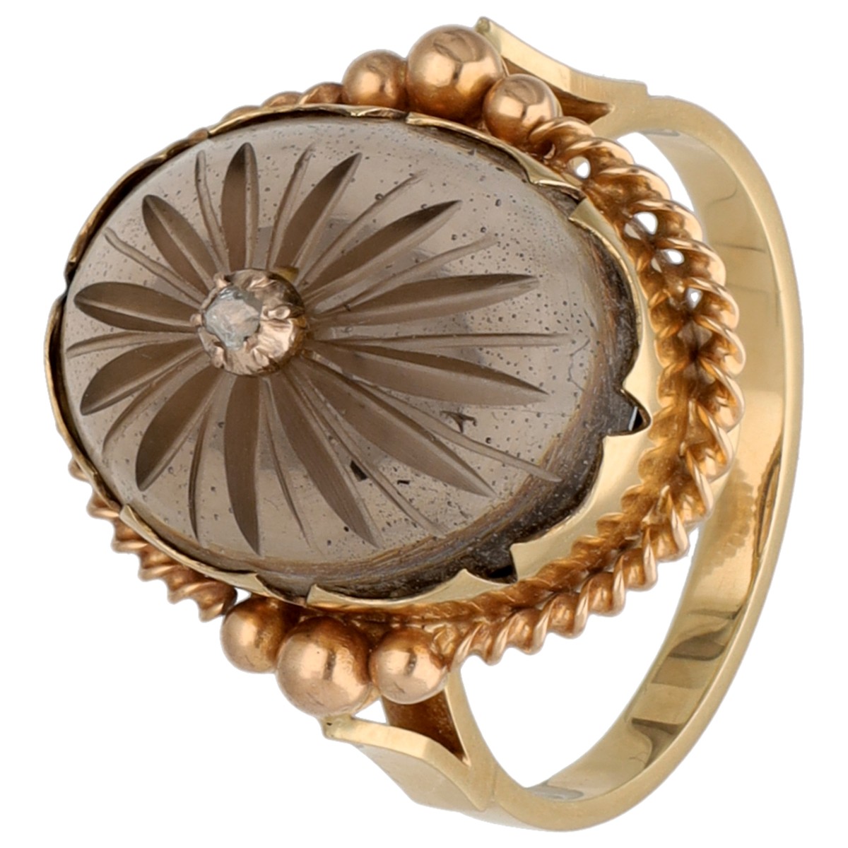 14K Geelgouden ring bezet met roos geslepen diamant en geslepen glas