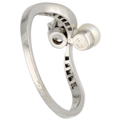 14K Witgouden toi et moi bezet met ca. 0.50 ct. diamanten en  parel
