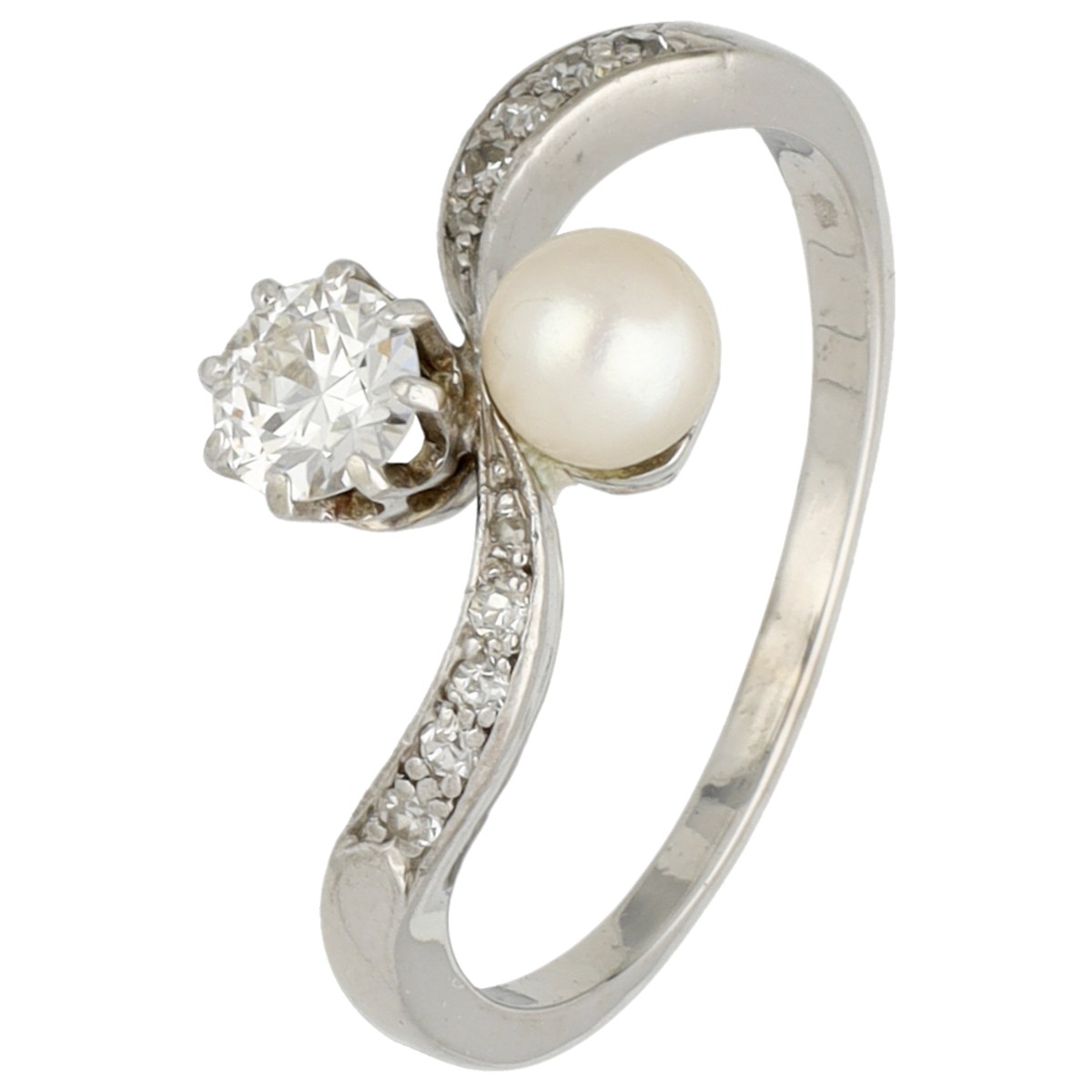 14K Witgouden toi et moi bezet met ca. 0.50 ct. diamanten en  parel