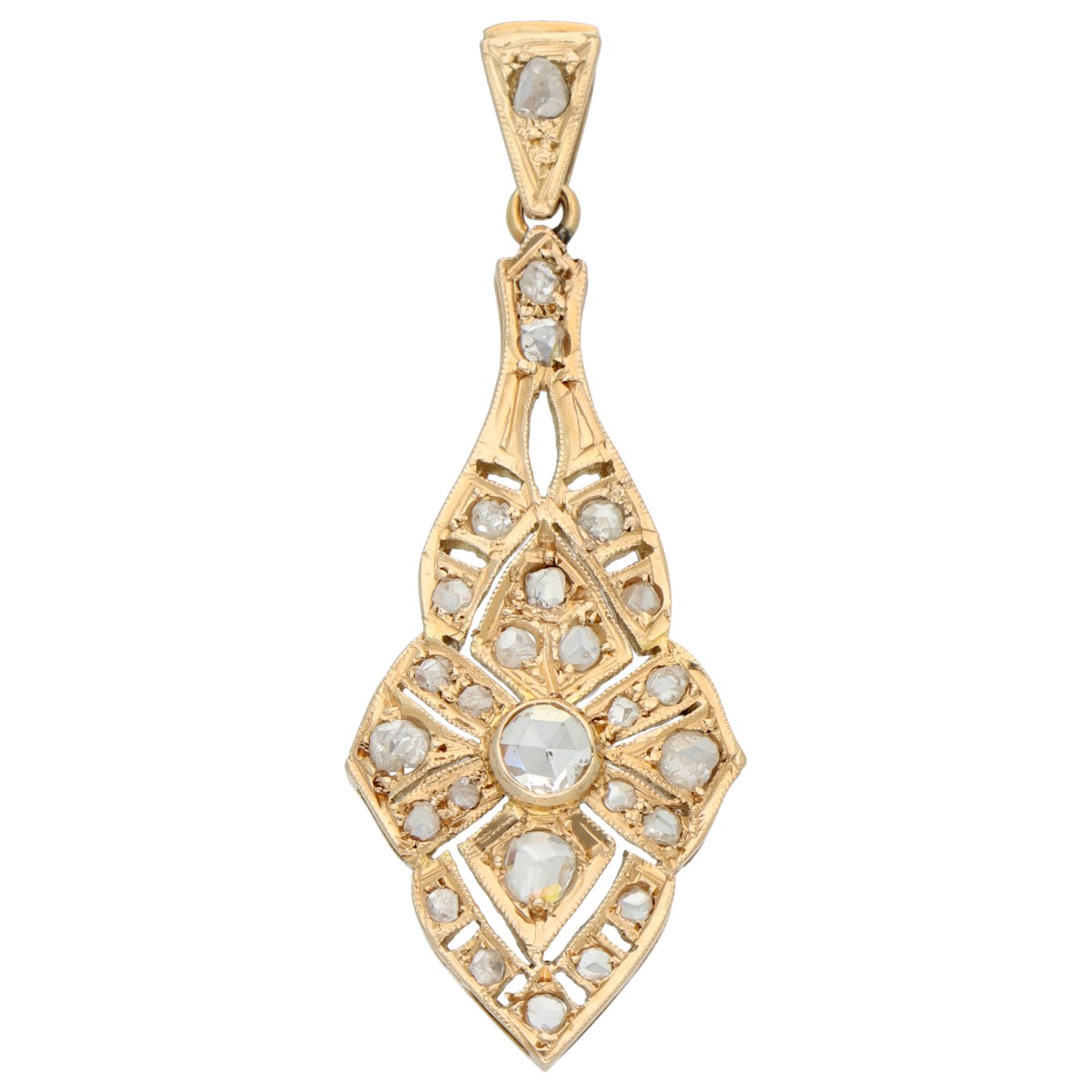 14K Geelgouden hanger bezet met roos geslepen diamanten