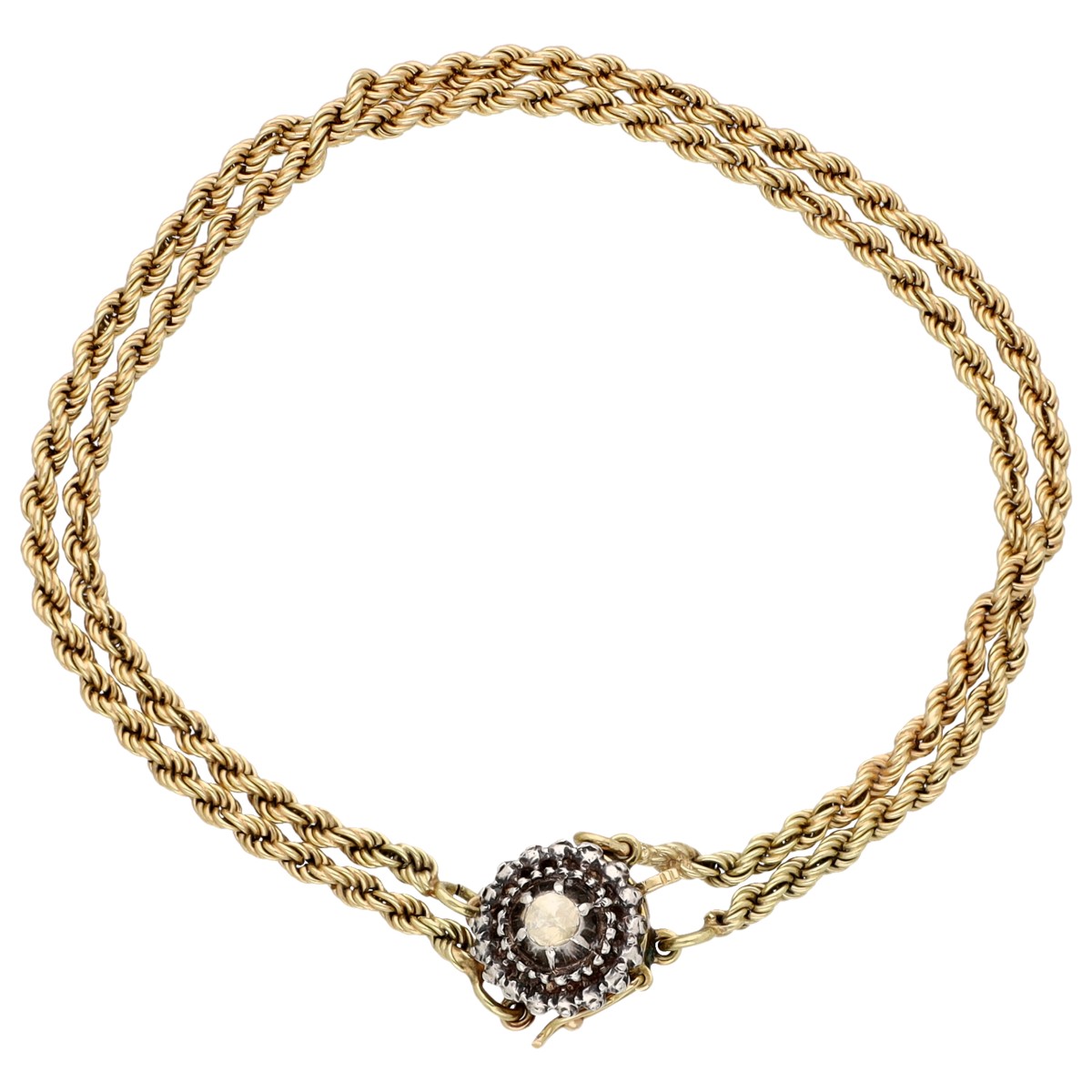 14K Geelgouden schakelarmband bezet met een roos geslepen diamant