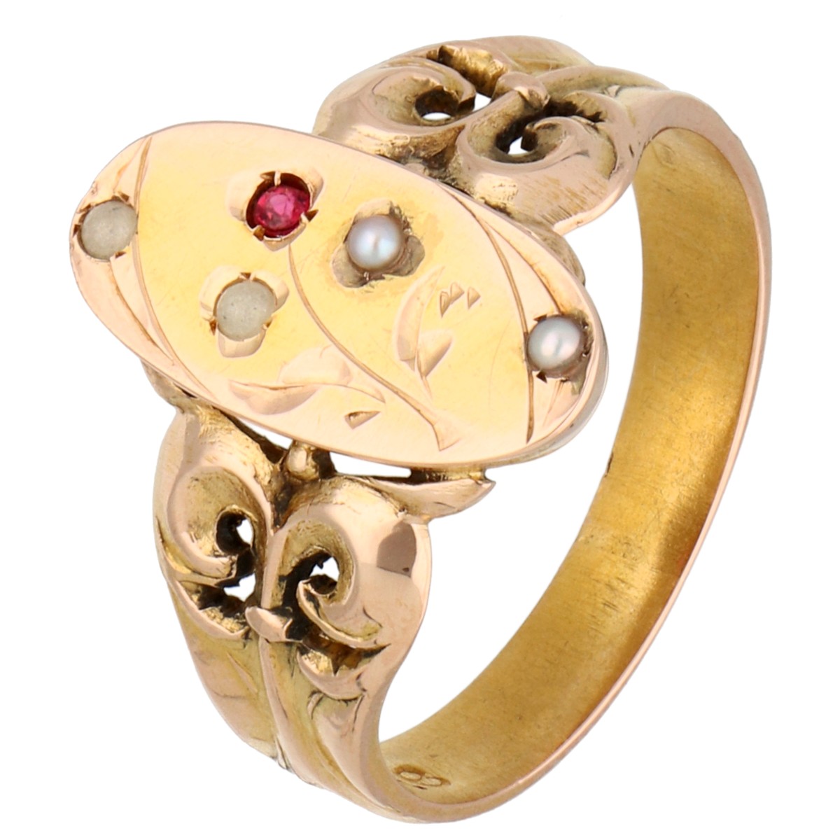 14K Roségouden ring bezet met parel en robijn