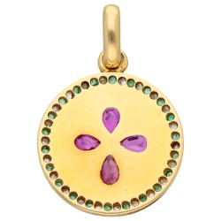 18K Geelgouden hanger bezet met robijn, smaragd en diamant