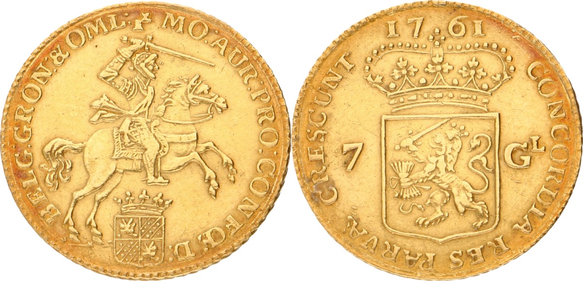 Goudwisselkantoor auction: Halve gouden rijder van 7 gulden. Groningen en Ommelanden. 1761. VF