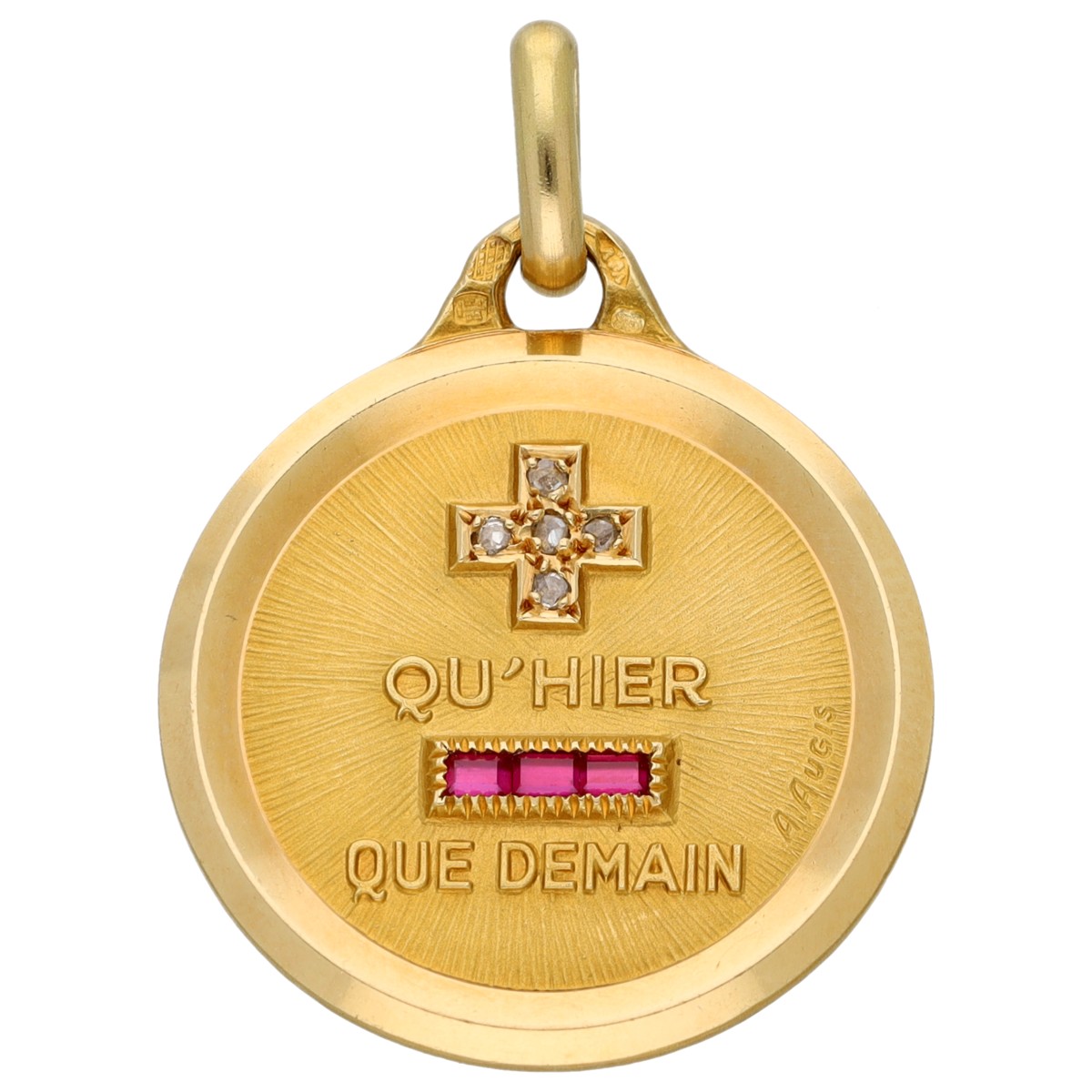 Goudwisselkantoor auction: 18K Yellow gold 'Plus qu’hier, moins que demain' pendant set with diamond and ruby