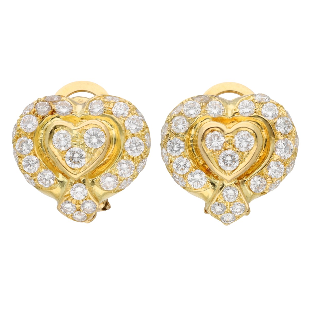Goudwisselkantoor auction: 18K Yellow gold heart stud earrings set with approx. 1.72 ct. diamonds