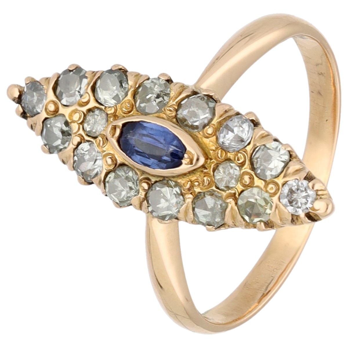 Goudwisselkantoor auction: 18K Geelgouden navette ring bezet met ca. 0.58 ct. diamant en saffier