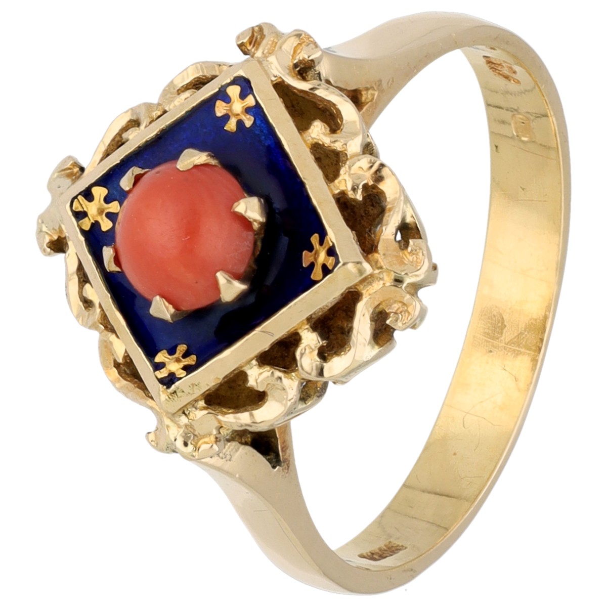Goudwisselkantoor auction: 18K Geelgouden ring bloedkoraal en emaille