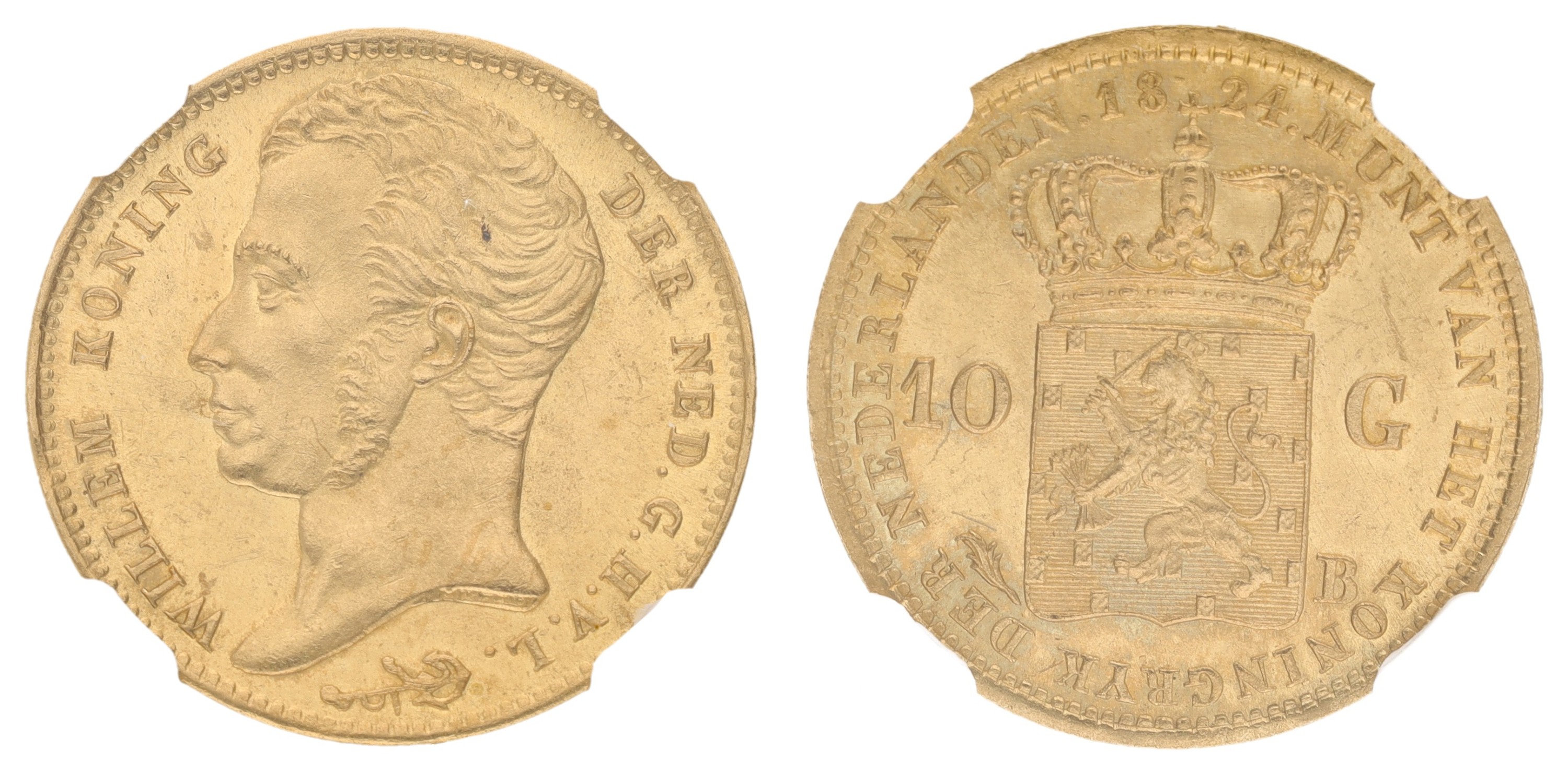 Goudwisselkantoor auction: 10 Gulden. Willem I. 1824 B. NGC graded. MS 64+.