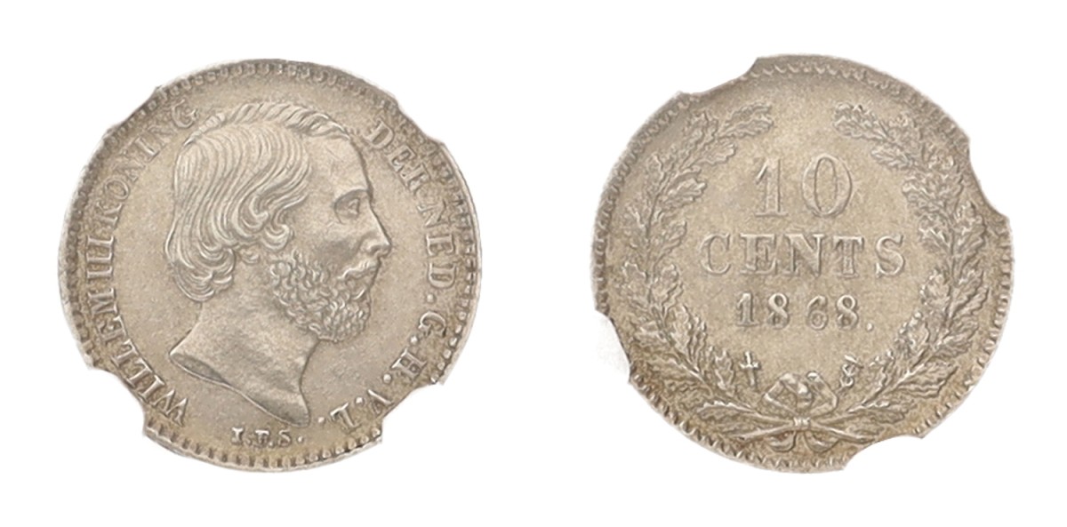Goudwisselkantoor auction: 10 Cent. Willem III. 1868. NGC graded. UNC details