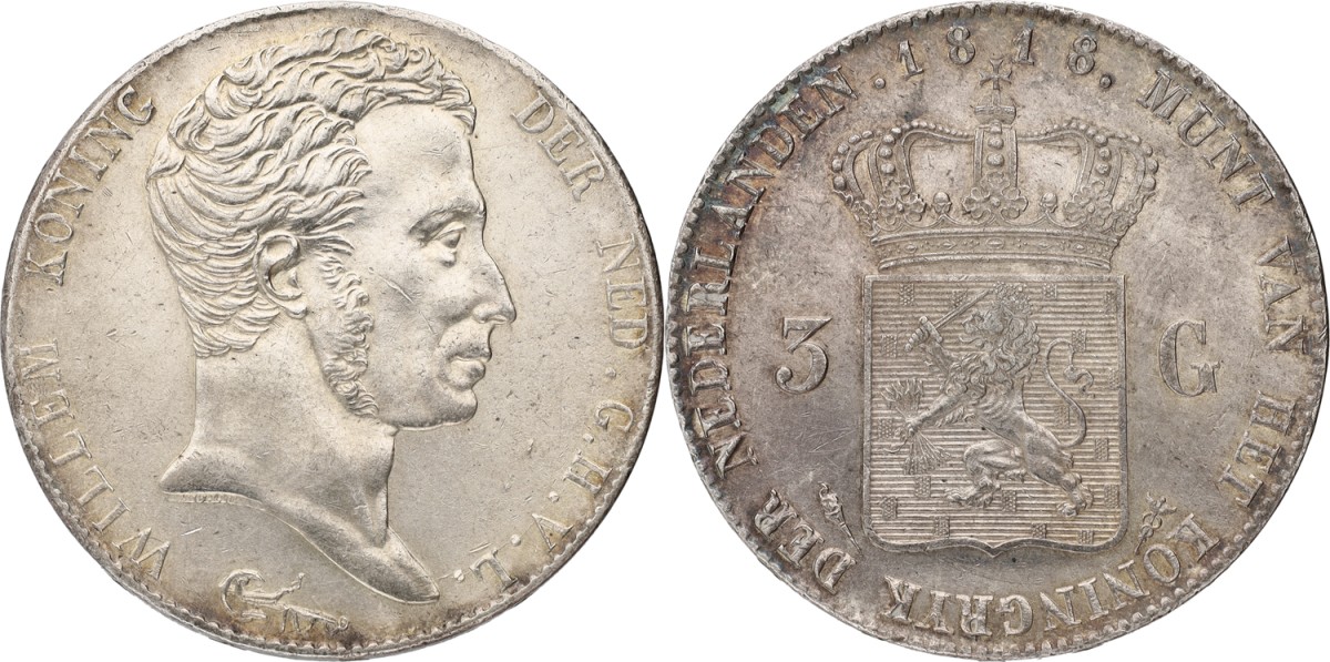 Goudwisselkantoor auction: 3 Gulden. Willem I. 1818 U. XF +