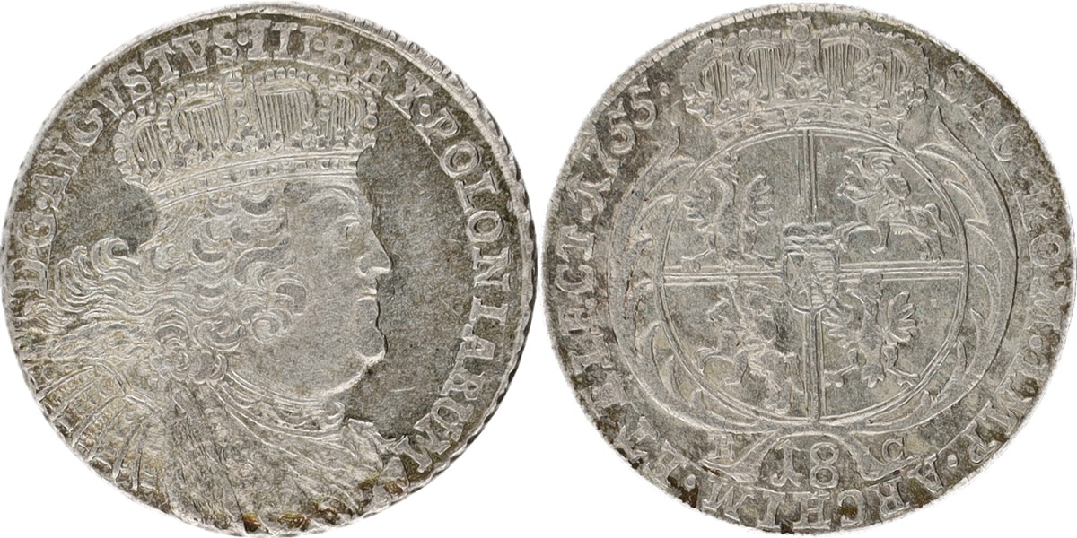 Goudwisselkantoor auction: Poland. Polish-Lithuanian commonwealth. August III. Ort / 18 Groszy. 1755 EC. XF.