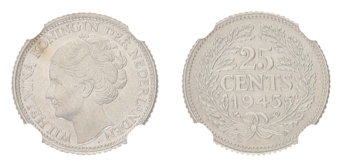 Goudwisselkantoor auction: 25 Cent. Wilhelmina. 1945 P. NGC graded. UNC details