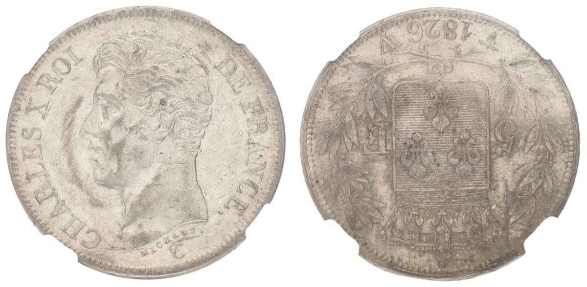 Goudwisselkantoor auction: France. Second kingdom. Charles X. 5 Francs. 1826 W. NGC graded. MS 60