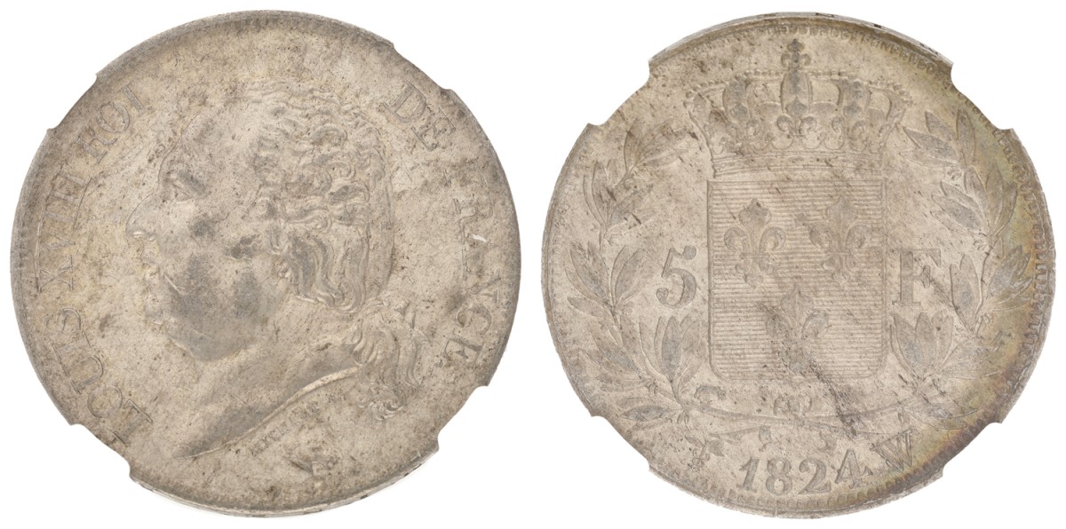 Goudwisselkantoor auction: France. Second kingdom. Louis XVIII. 5 Francs. 1824 W. NGC graded. MS 61