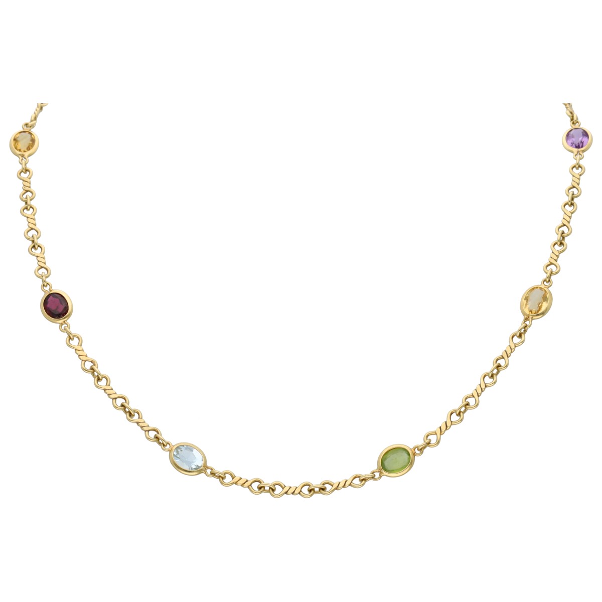 Goudwisselkantoor auction: 18K Yellow gold link necklace set with aquamarine, garnet, peridot, amethyst and citrine