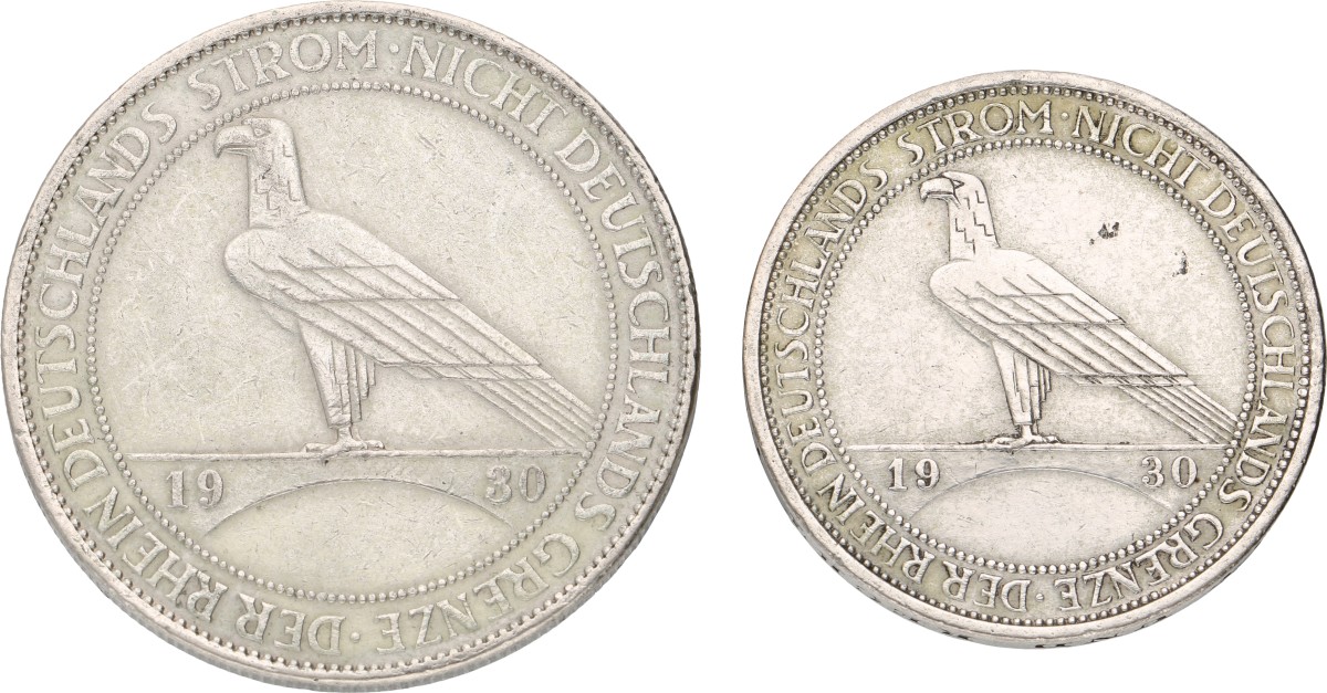 Goudwisselkantoor auction: Germany. Weimar Republic. Lot (2) 3 & 5 Mark. 1930. Average VF
