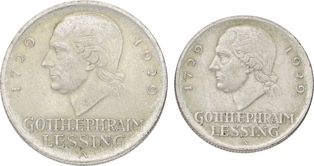 Goudwisselkantoor auction: Germany. Weimar Republic. Lot (2) 3 & 5 Mark. Lessing. 1929. Average VF