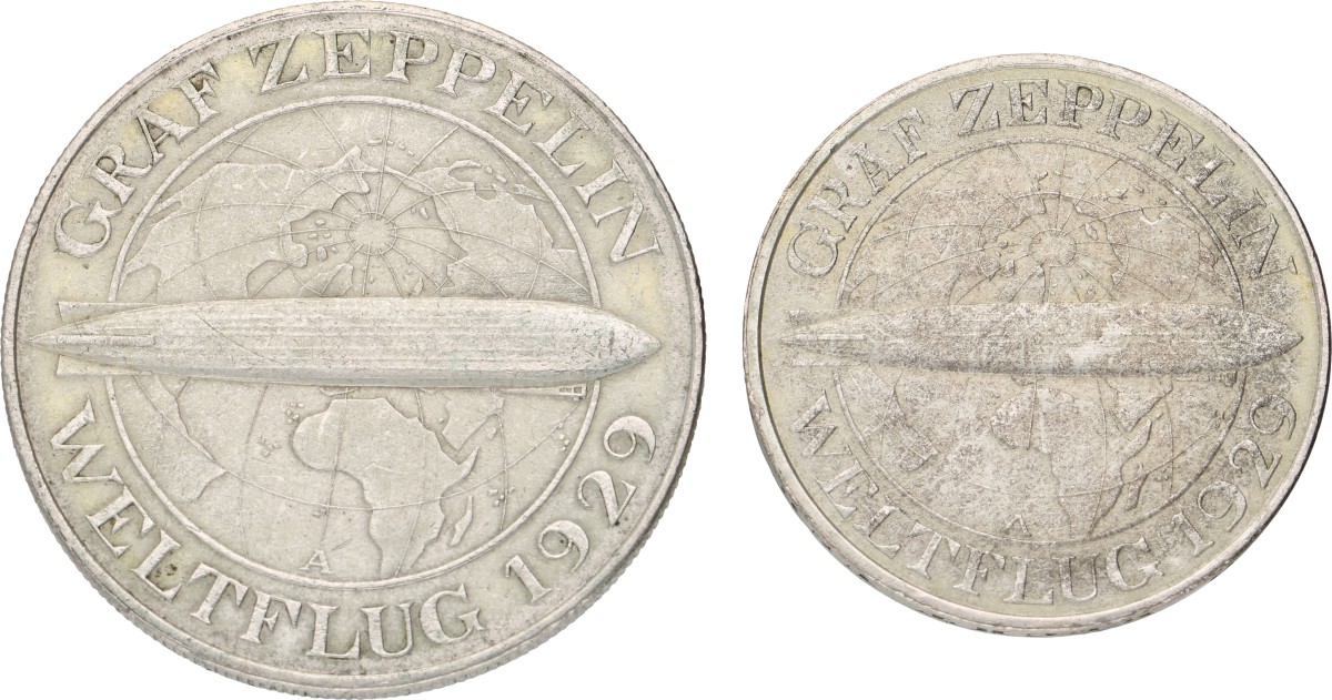 Goudwisselkantoor auction: Germany. Weimar Republic. Lot (2) 3 & 5 Mark. 1930. Graf Zeppelin. Average VF
