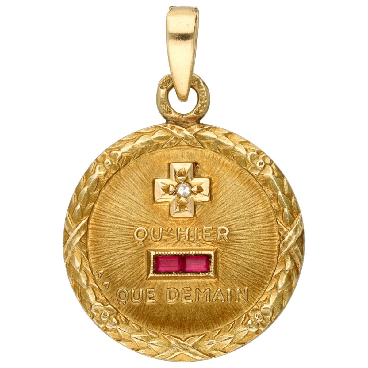 Goudwisselkantoor auction: 18K Yellow gold 'Plus qu’hier, moins que demain' pendant set with ruby and diamond
