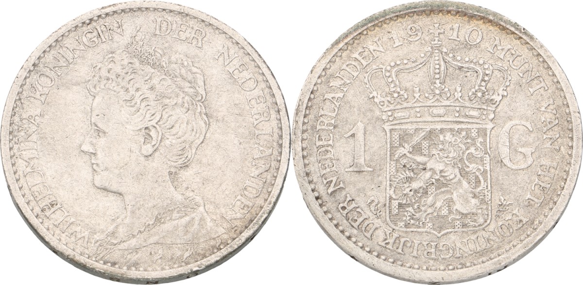 Goudwisselkantoor auction: 1 Gulden. Wilhelmina. 1910. VF / XF
