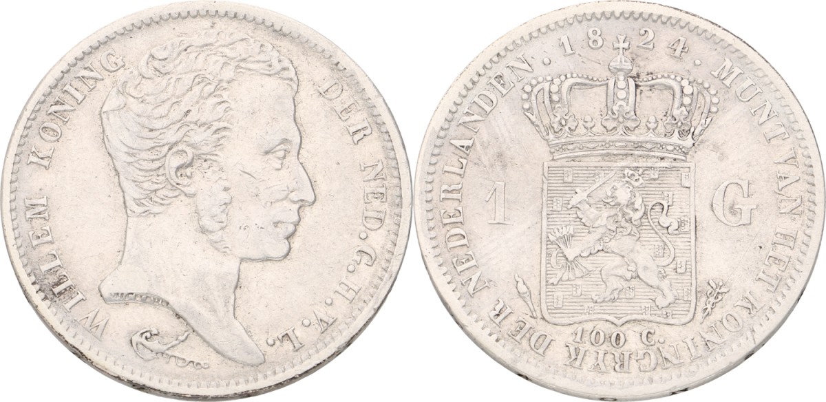 Goudwisselkantoor auction: 1 Gulden. Willem I. 1824. With stripe between crown and shield. VF -