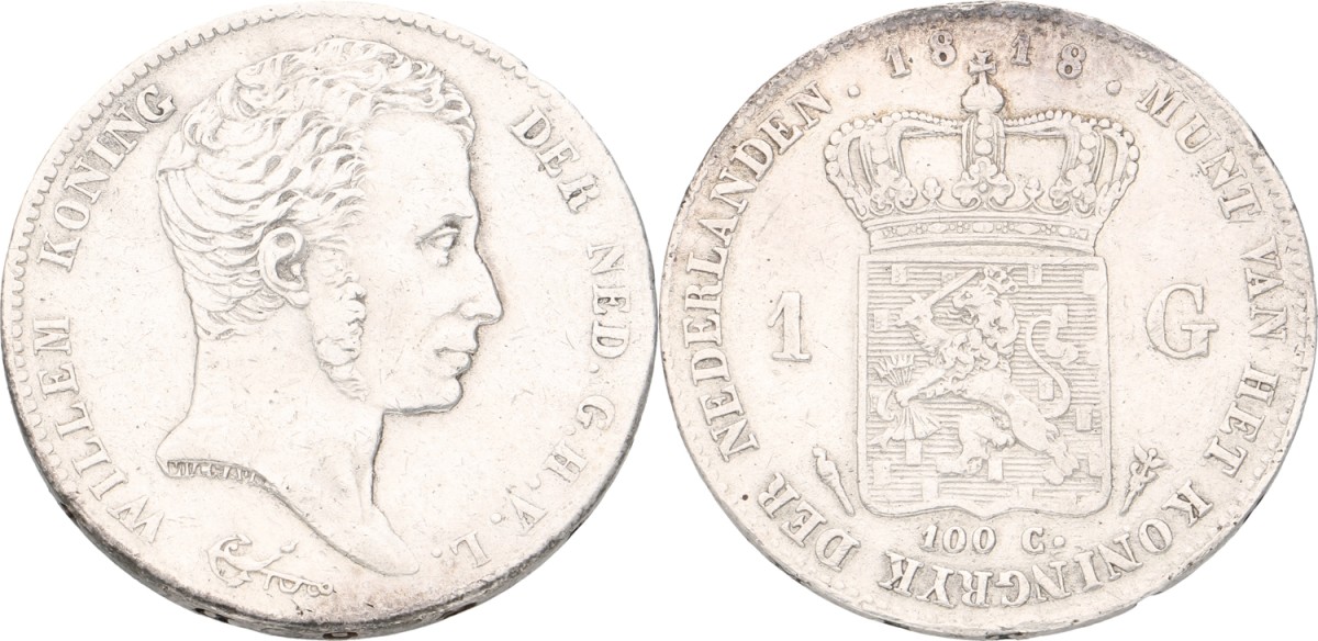 Goudwisselkantoor auction: 1 Gulden. Willem I. 1818. VF