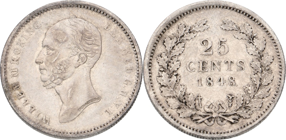 Goudwisselkantoor auction: 25 Cent. Willem II. 1848. With dot after date. XF +