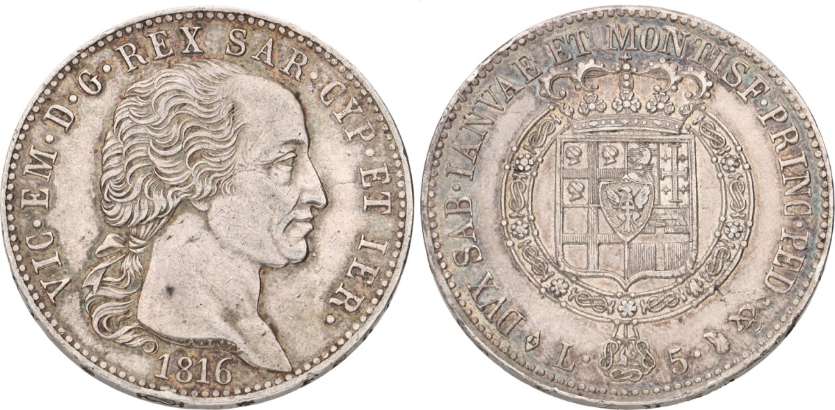 Goudwisselkantoor auction: Italian states. Sardinia. Vittorio Emanuele I. 5 lire. 1816. VF / XF