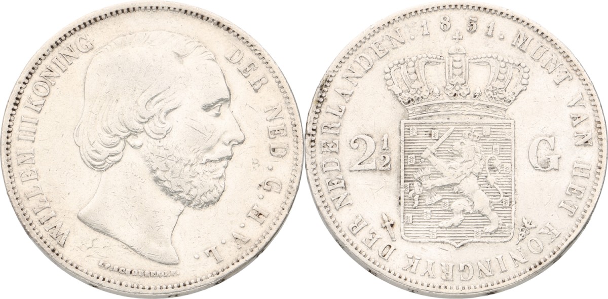Goudwisselkantoor auction: 2½ Gulden. Willem III. 1851. With dot. VF +