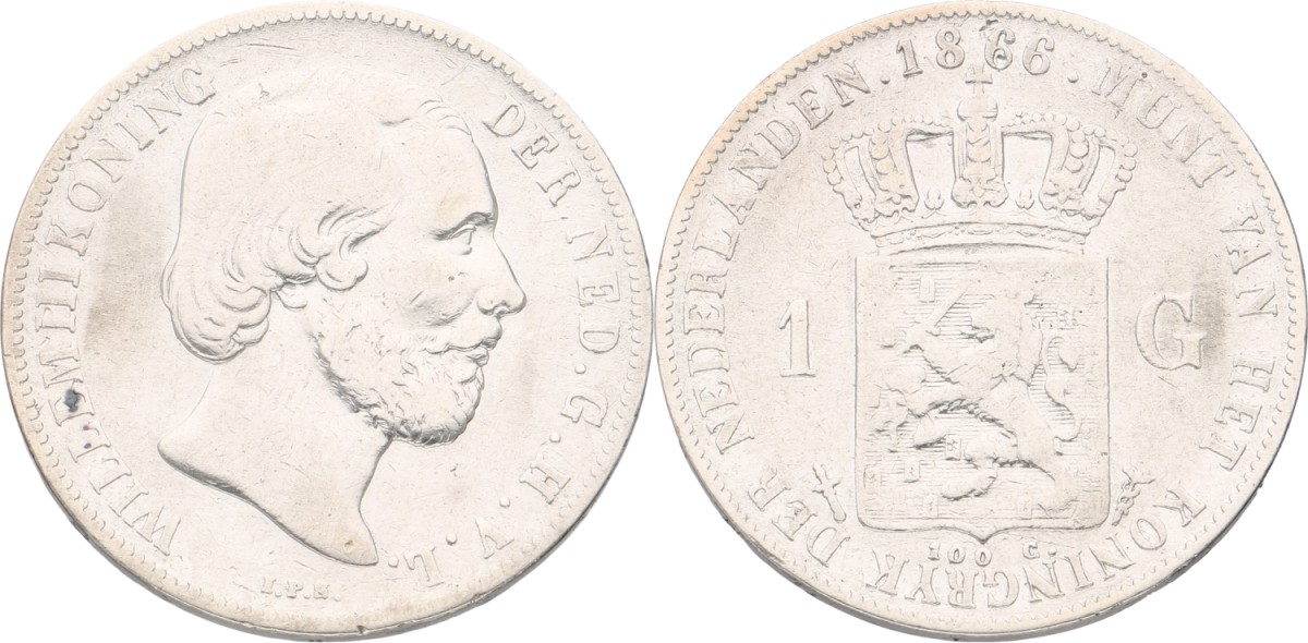 Goudwisselkantoor auction: 1 Gulden. Willem III. 1866. F / VF