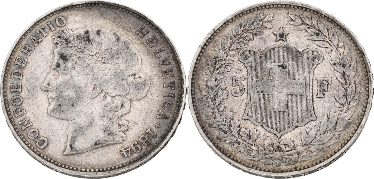 Goudwisselkantoor auction: Switzerland. 5 Francs. 1894. VF