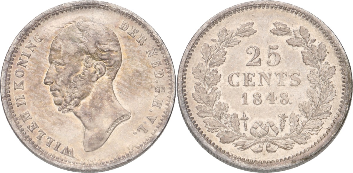 Goudwisselkantoor auction: 25 Cent. Willem II. 1848. With dot after date. VF / XF