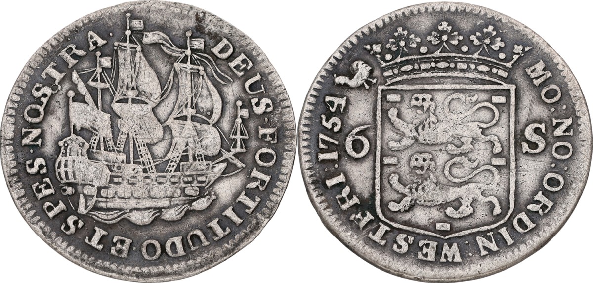 Goudwisselkantoor auction: Scheepjesschelling van 6 stuivers. West-Friesland. 1754. VF