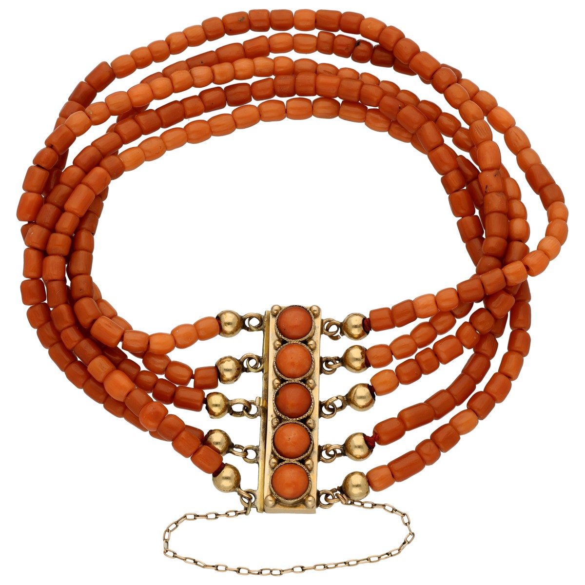 Goudwisselkantoor auction: Vijf-strengs bloedkoralen armband met 14K geelgouden slot