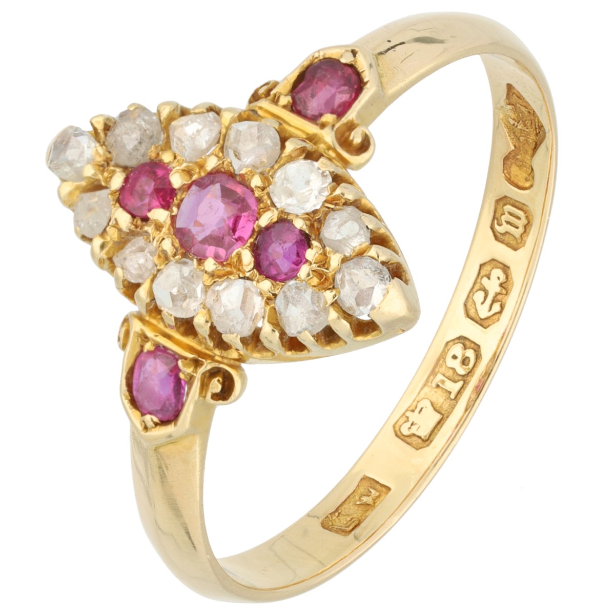 Goudwisselkantoor auction: 18K Geelgouden navette ring bezet met robijn en diamant
