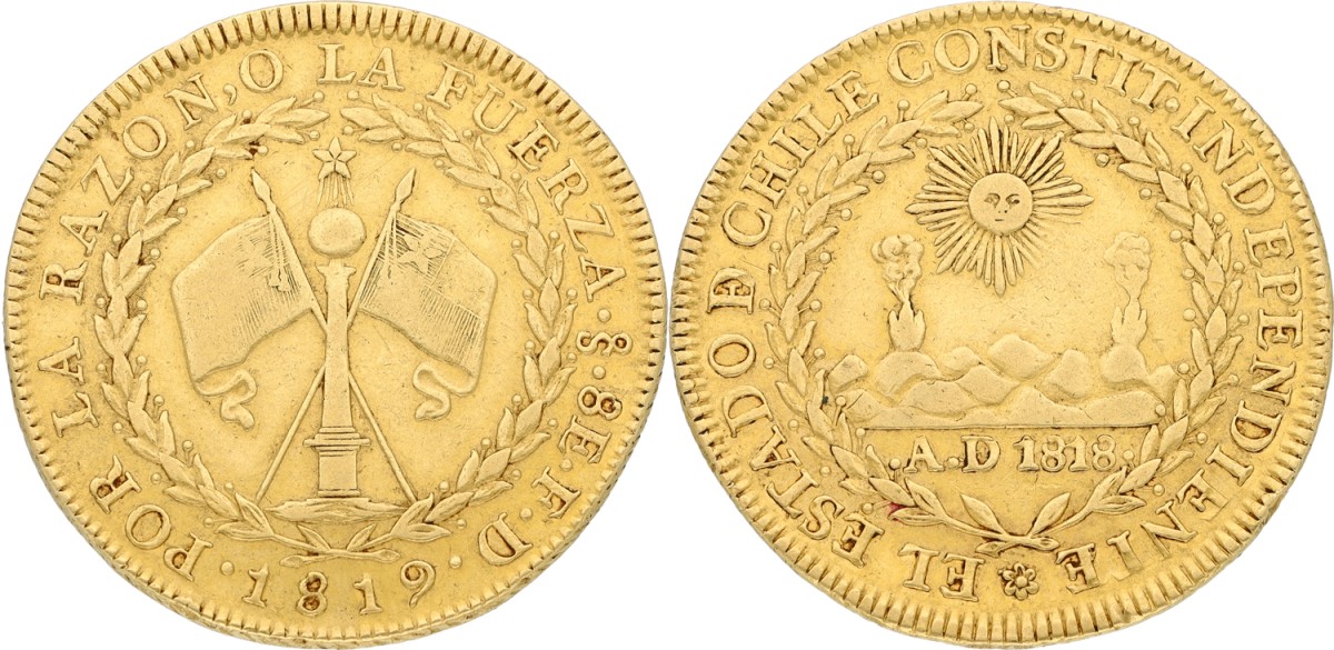 Goudwisselkantoor auction: Chile. Republic. 8 Escudos. 1819 So FD. VF
