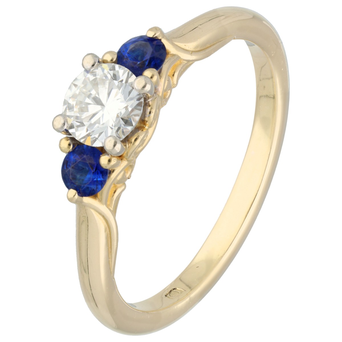 Goudwisselkantoor auction: 14K Geelgouden shoulder ring bezet met diamant en saffier
