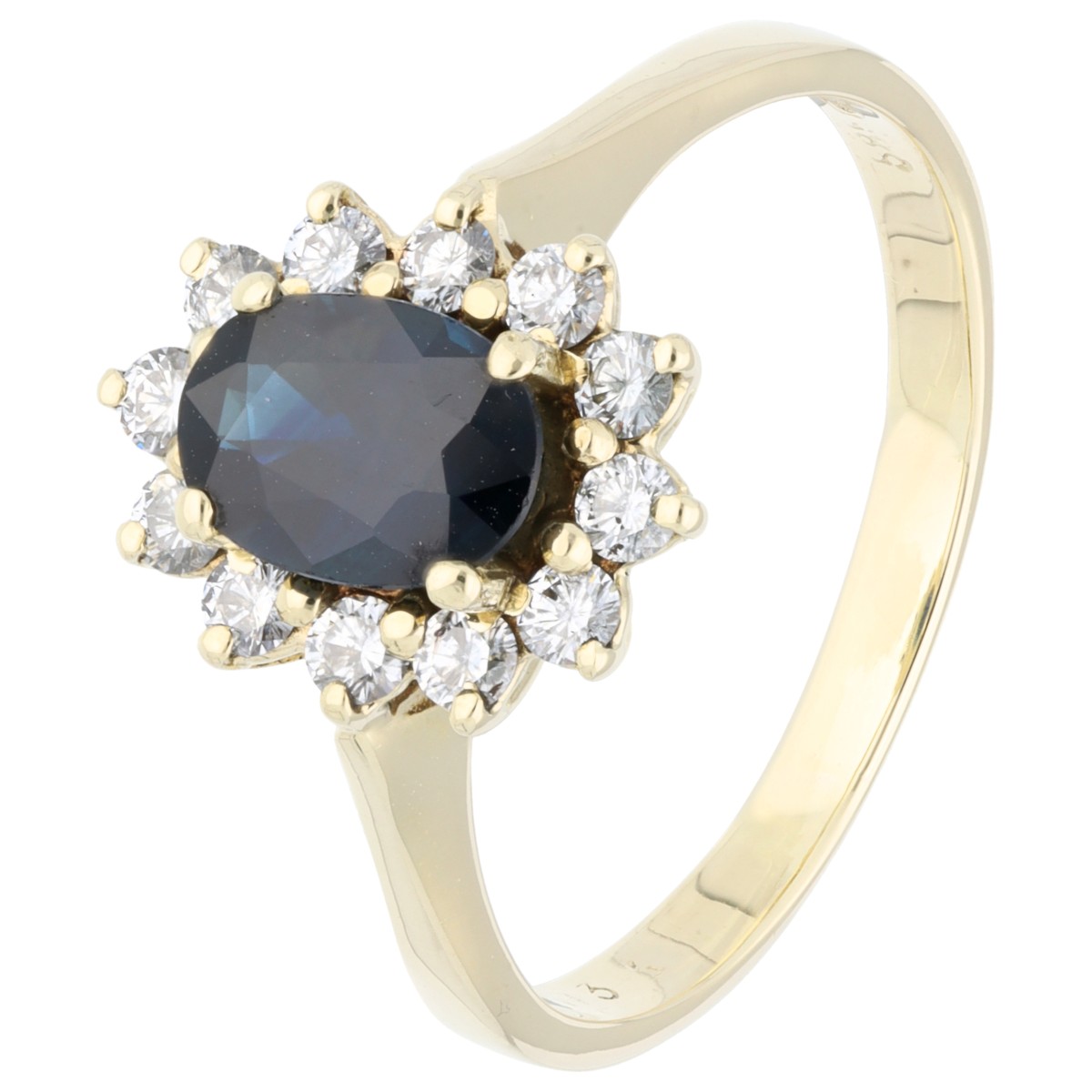 Goudwisselkantoor auction: 14K Geelgouden entourage ring bezet met saffier en diamant