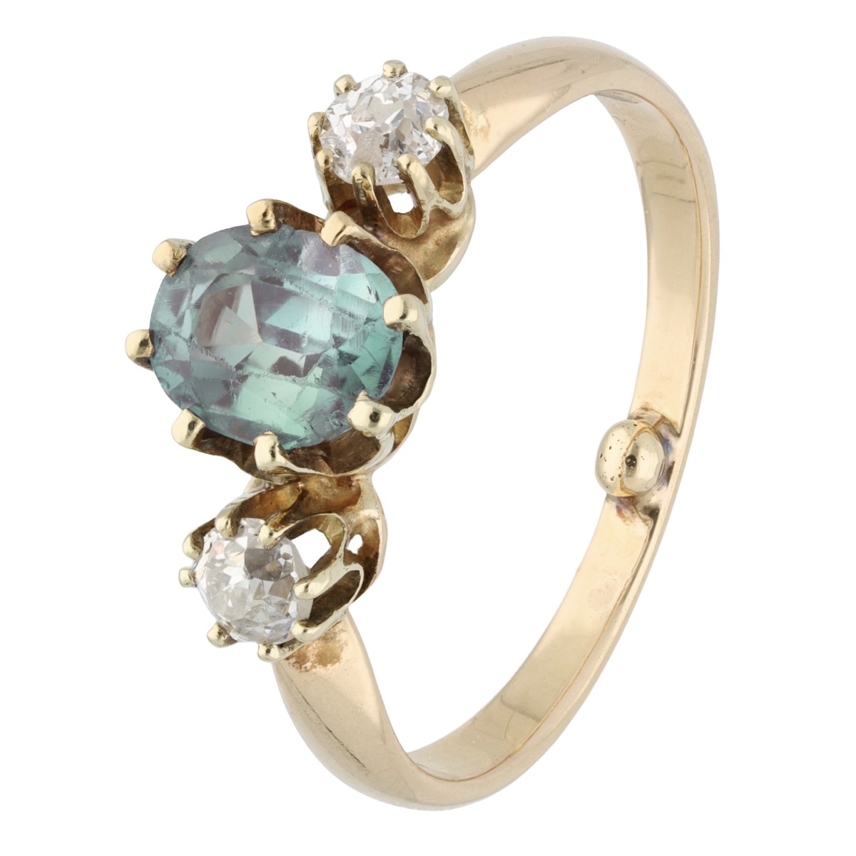 Goudwisselkantoor auction: 14K Geelgouden ring bezet natuurlijke alexandriet en diamant, NEL gecertificeerd