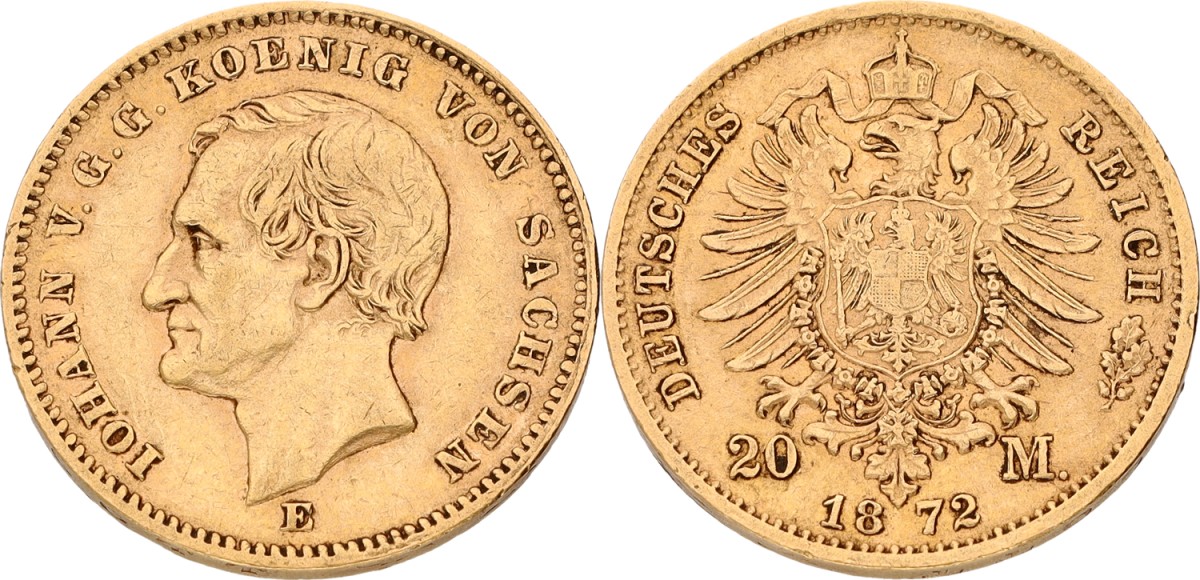 Goudwisselkantoor auction: German states. Saxony. Johann. 20 Mark. 1872 E. VF +