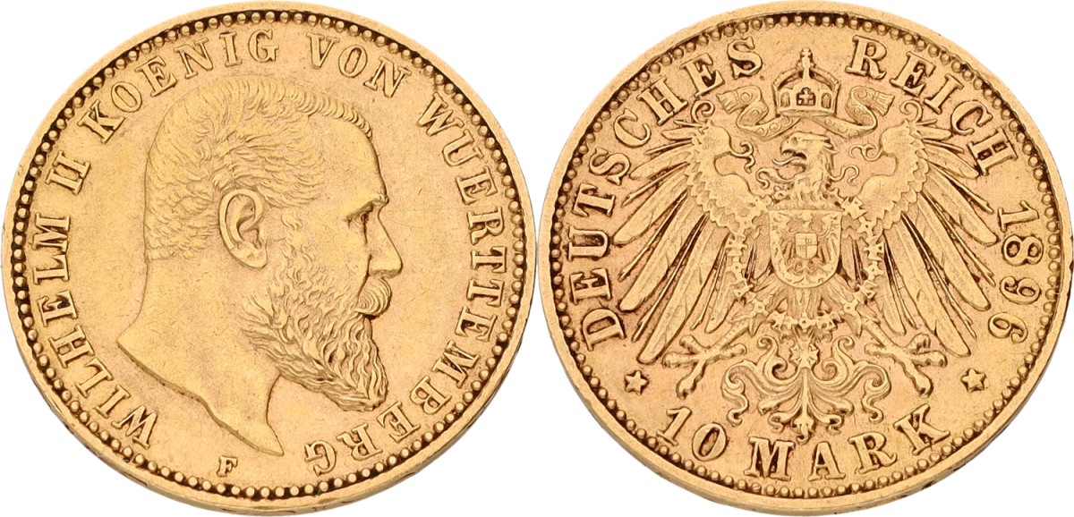 Goudwisselkantoor auction: German states. Württemberg. Wilhelm II. 10 Mark. 1896 F. XF -
