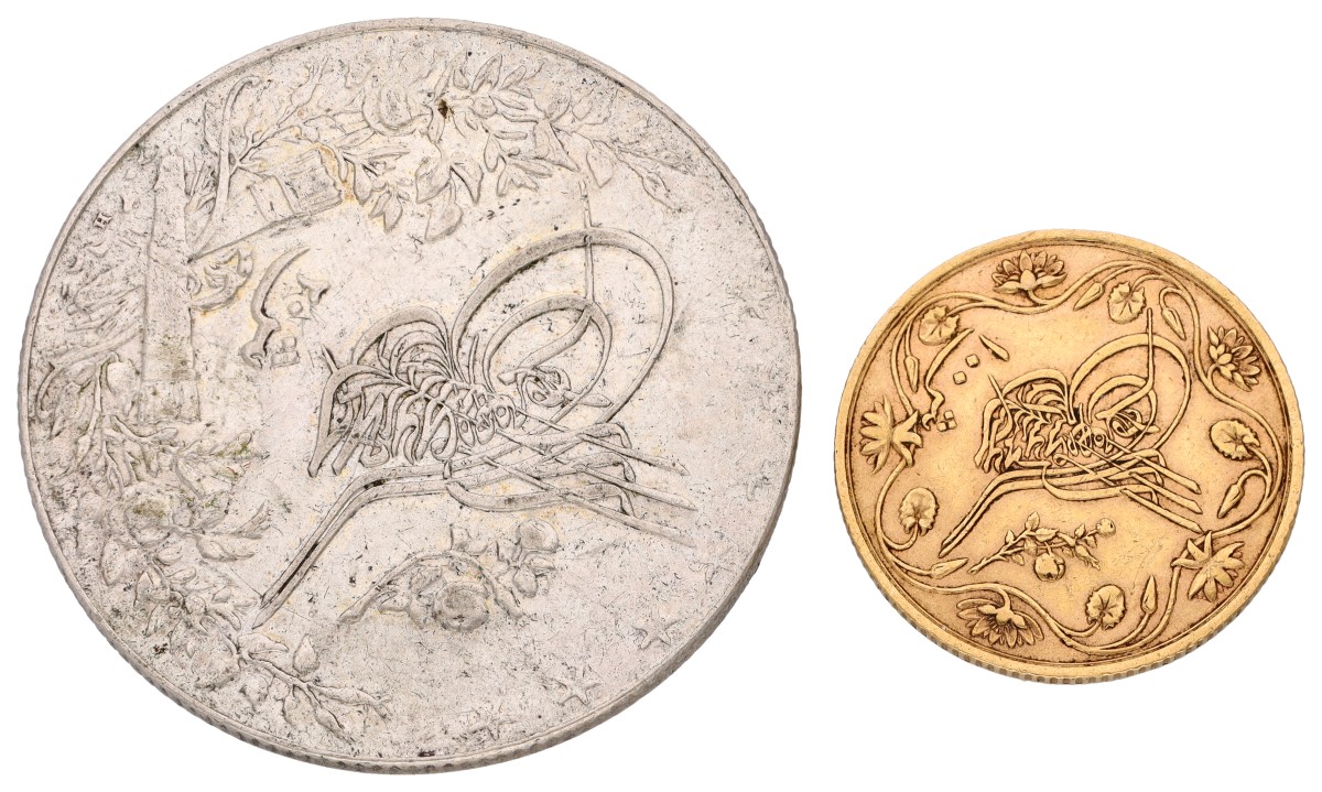 Goudwisselkantoor auction: Egypt. Ottoman empire. Lot (2) 100 Kurush & 20 Qirsh. 1293 & 1327. Average VF