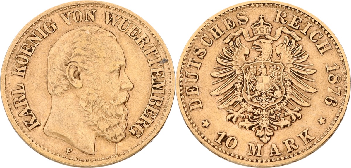 Goudwisselkantoor auction: German states. Württemberg. Karl. 10 Mark. 1876 F. VF +