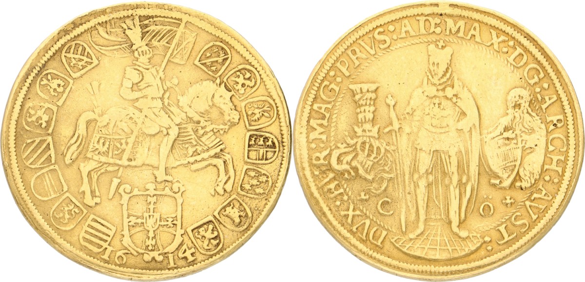 Goudwisselkantoor auction: German states. Teutonic Order. Maximilian von Osterreich. Half Thaler in gold. 1614. VF -