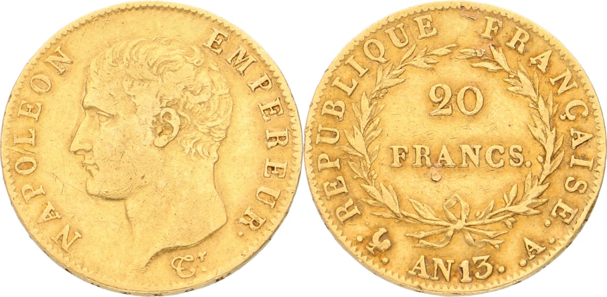 Goudwisselkantoor auction: France. Paris. Napoleon. 20 Francs. l'an 13 (1804). VF